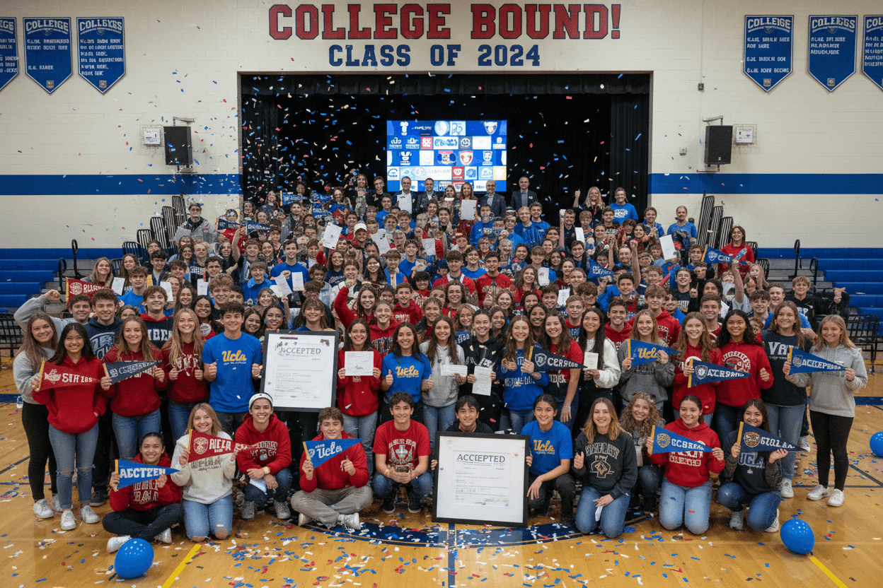 A bulletin board covered with college pennants and student names showing where the senior class is headed after graduation