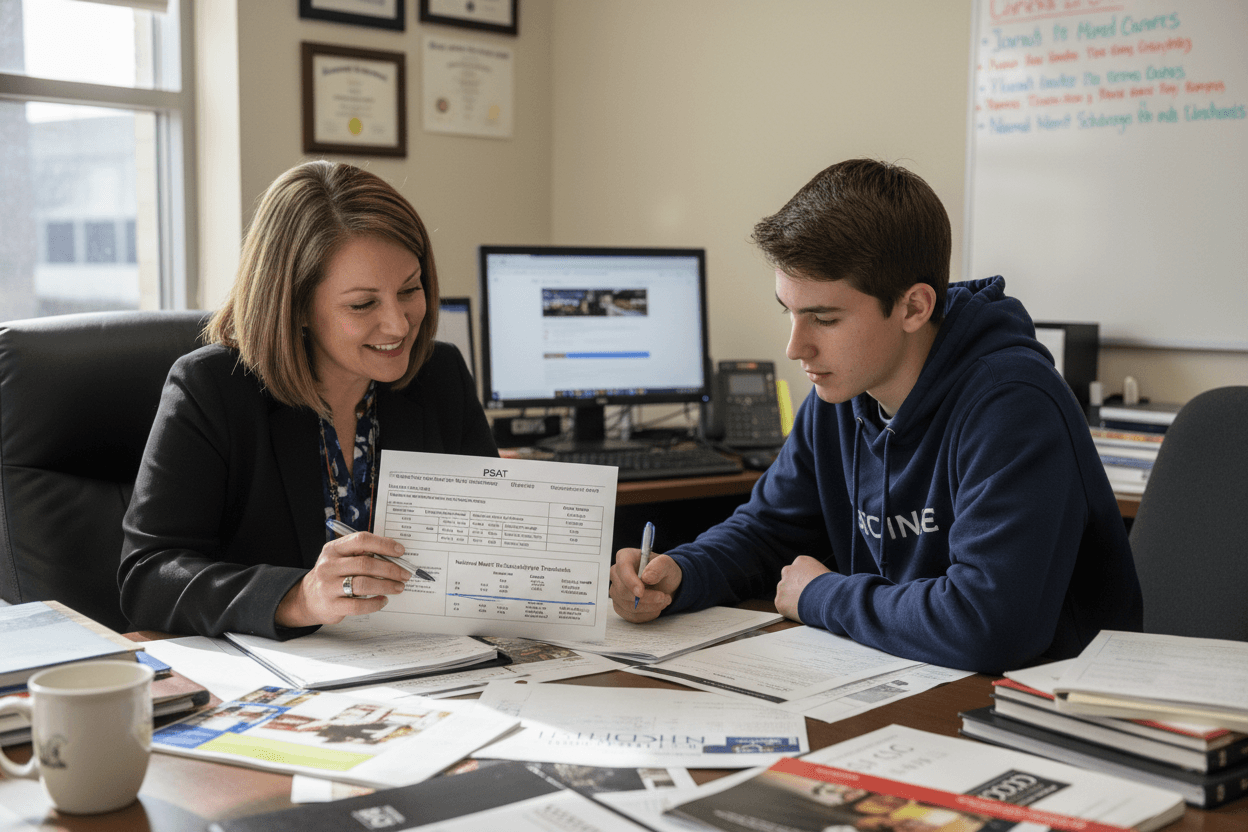 A school counselor newsletter on a screen explaining PSAT score categories and what they mean for families