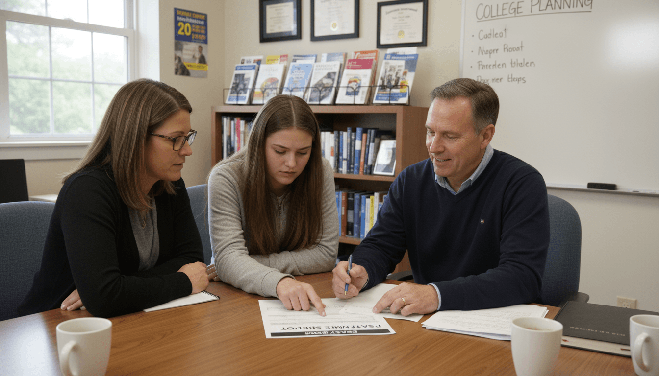 A high school junior sitting at a kitchen table reviewing their PSAT score report with a parent pointing to specific sections