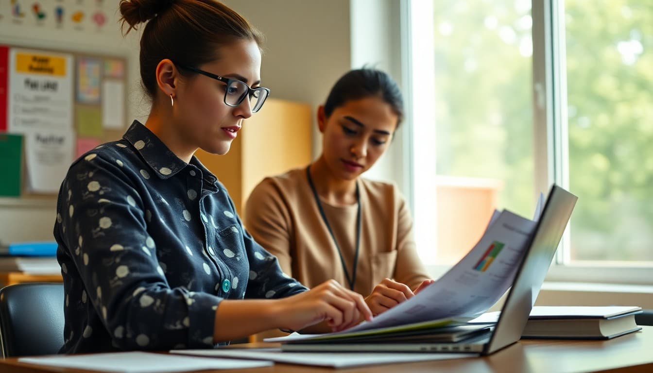 School college counselor reviewing materials at desk with family communication visible