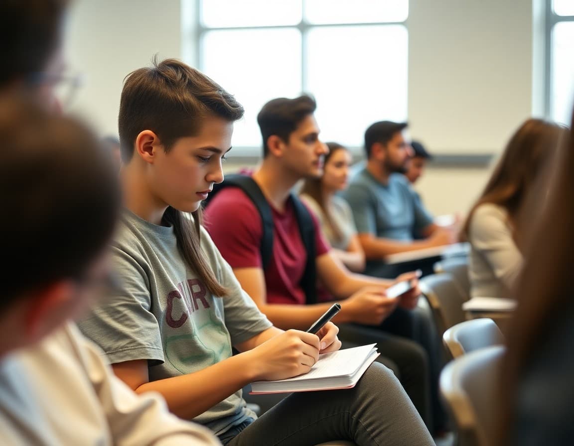 High school junior taking notes during a college information session on campus