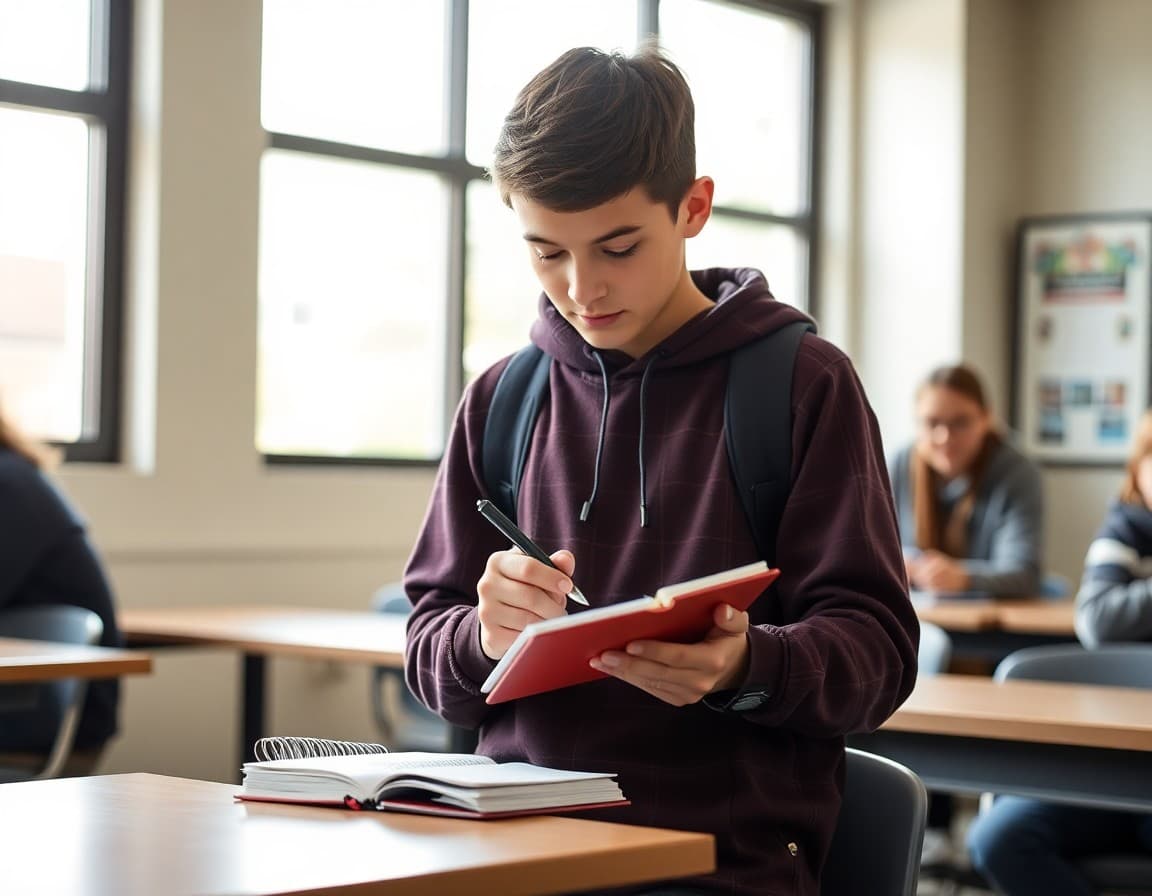 Student logging community service hours in a notebook after volunteer work