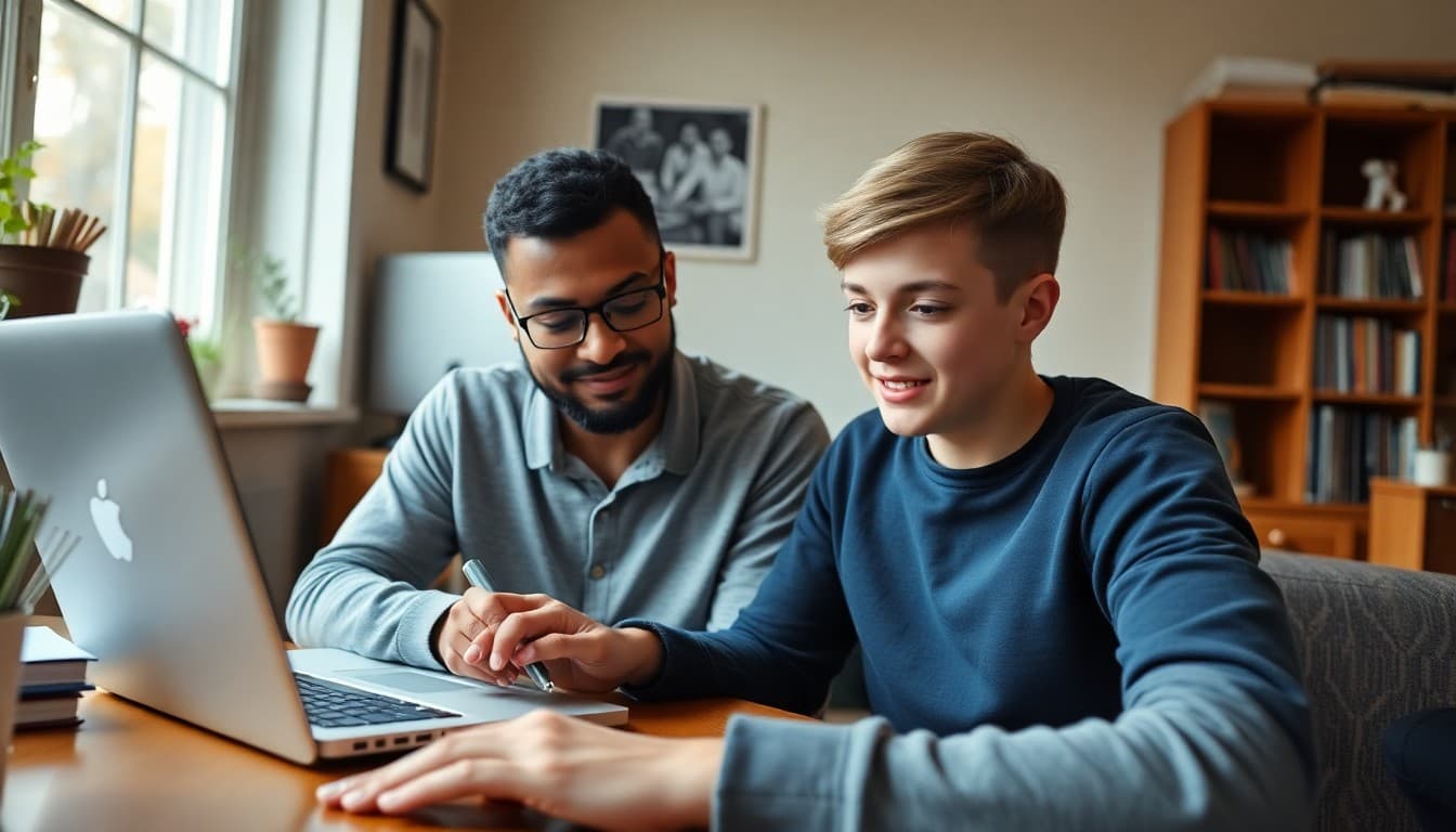 Parent and student completing FAFSA form together on a laptop at home