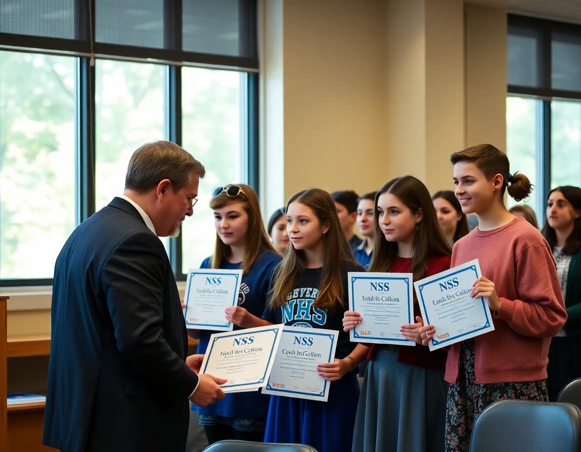 NHS students receiving induction certificates from principal at ceremony