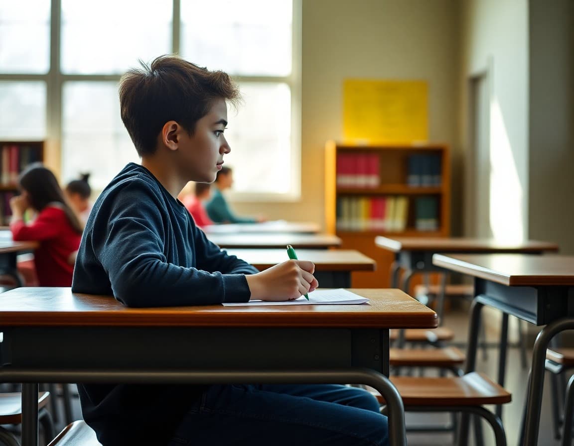 Student writing scholarship application essay at a school library desk