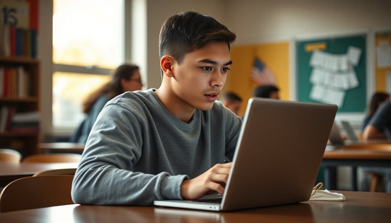 High school senior researching scholarship opportunities on a laptop