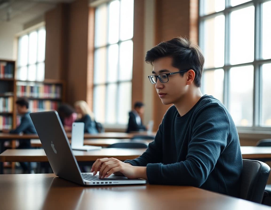 Student writing college application essay at laptop in a school library