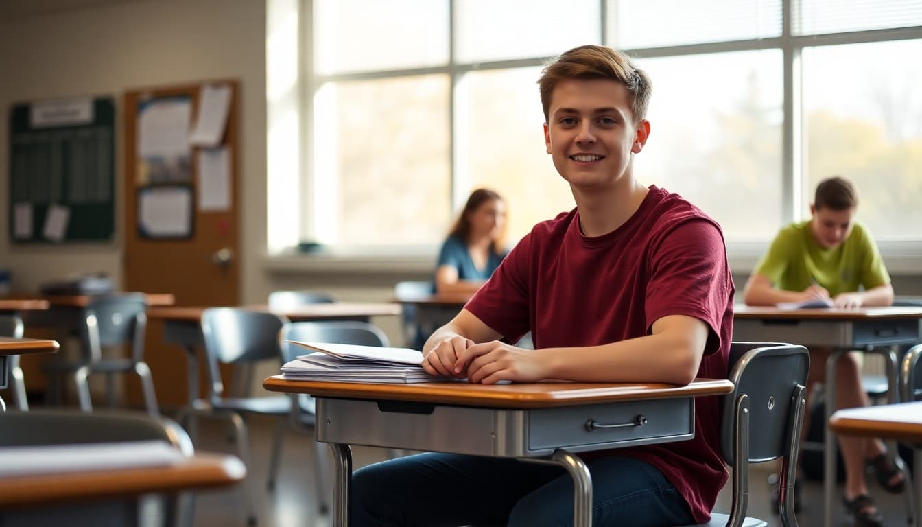 High school senior sitting at a desk with college materials and a calendar in September