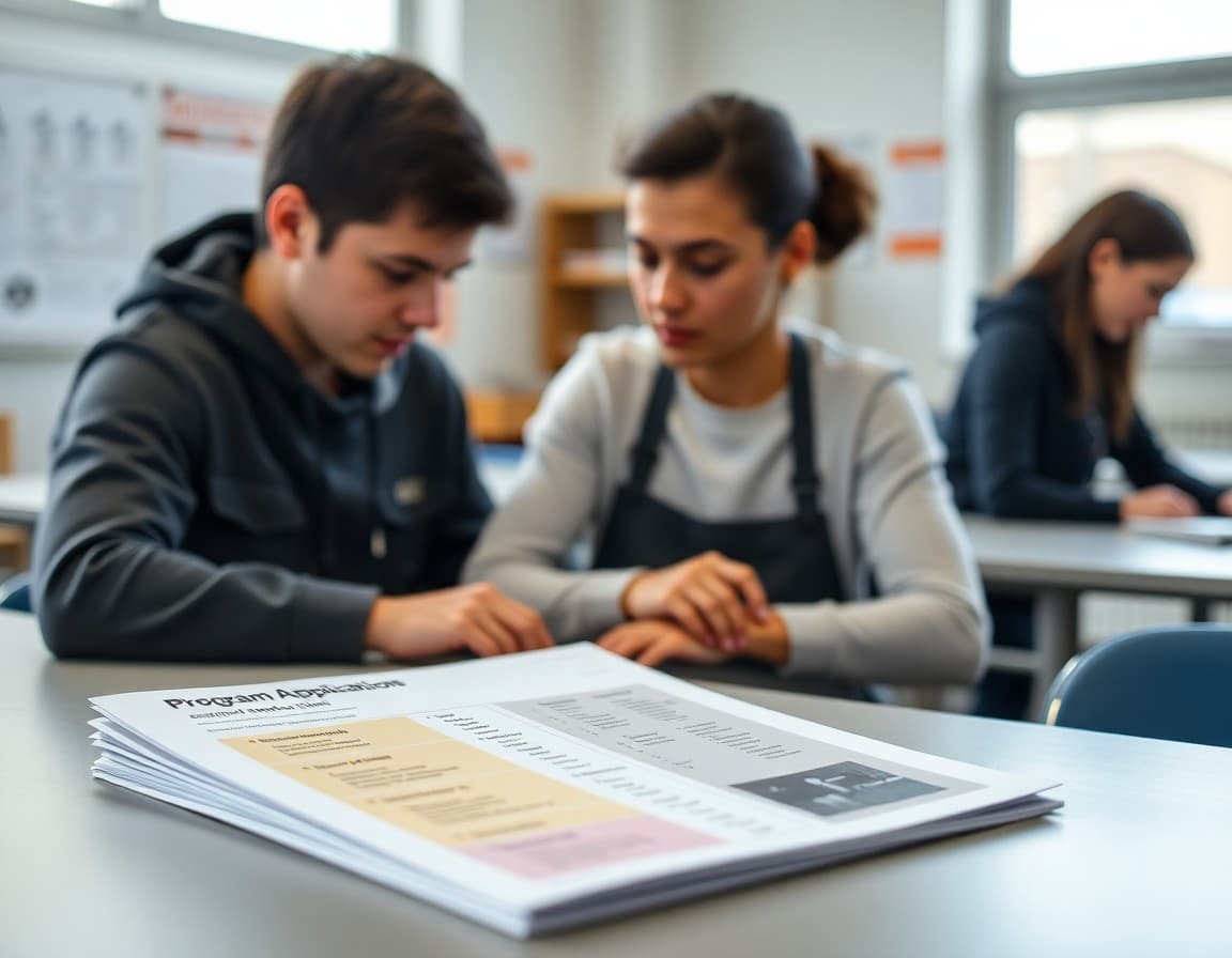 Trade school and apprenticeship newsletter with program comparison and application timeline on desk