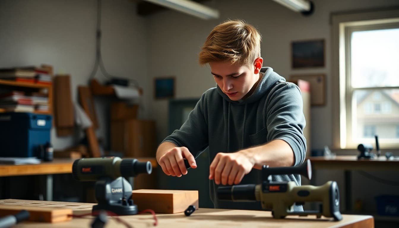 High school student in a vocational program building a project with power tools in a lab setting