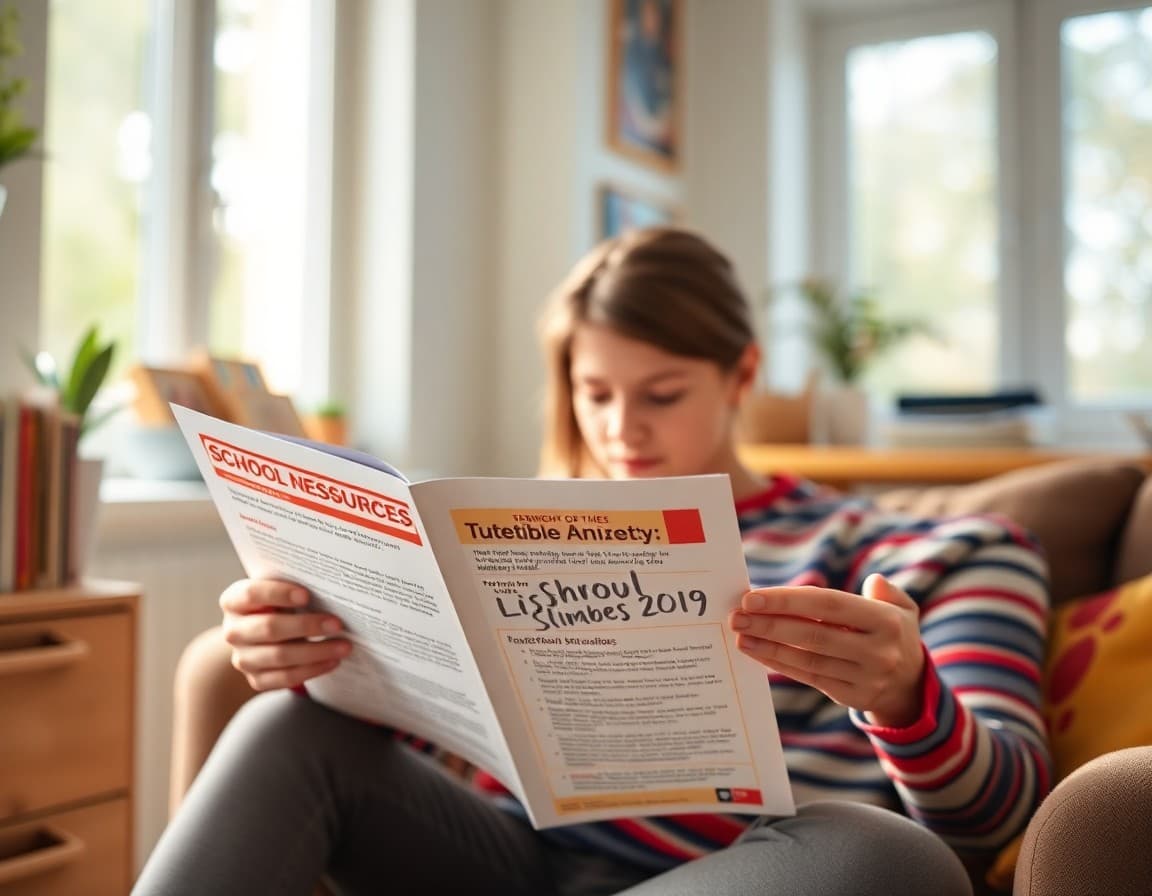 Parent reading school anxiety resources newsletter at home with helpful strategies highlighted