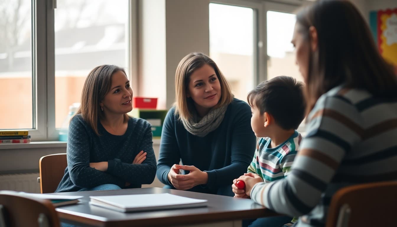 School counselor meeting with parent to discuss child anxiety management strategies at school