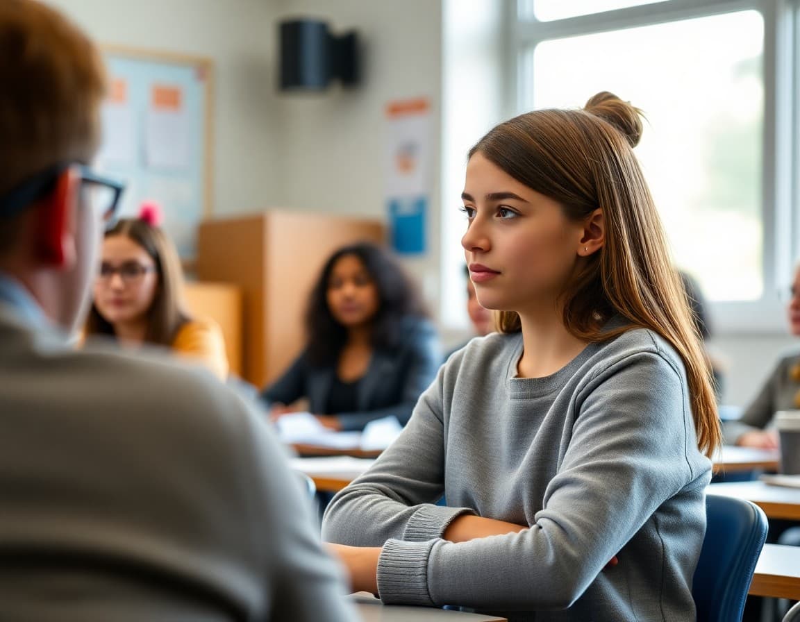 Student asking questions to community professional during career exploration panel in school classroom