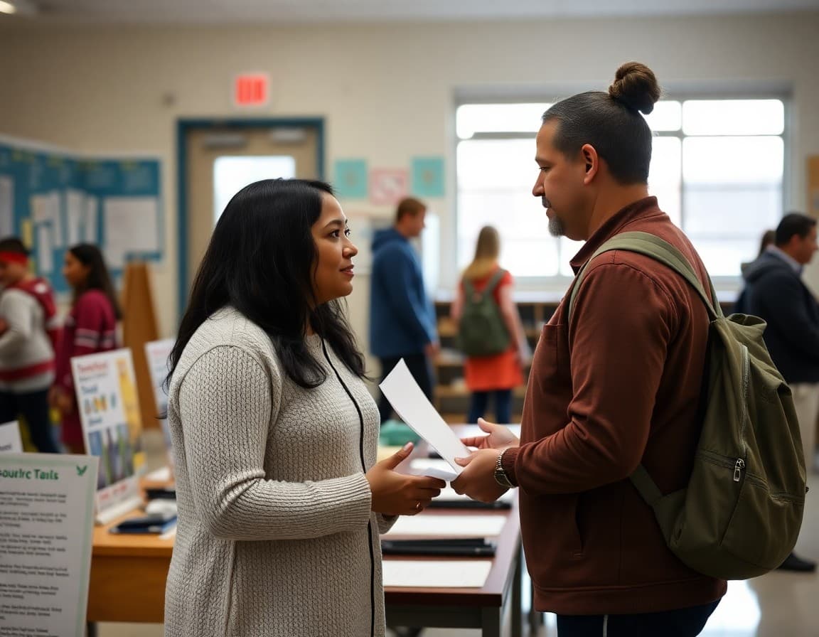 Parent speaking with community agency representative at resource fair table inside school