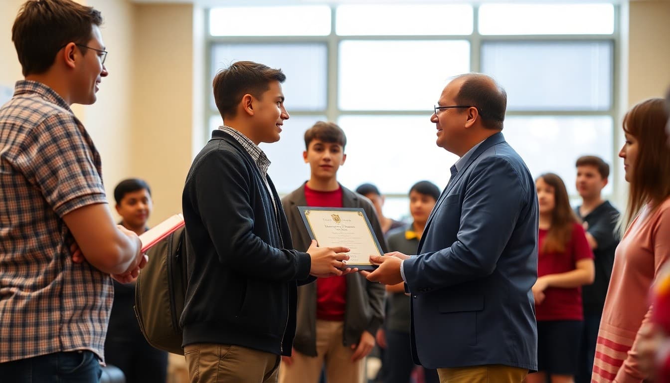 Students receiving community service award from principal at a school ceremony