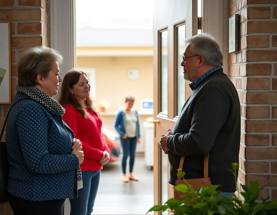 Family liaison having warm welcoming conversation at front door with parent during school home visit