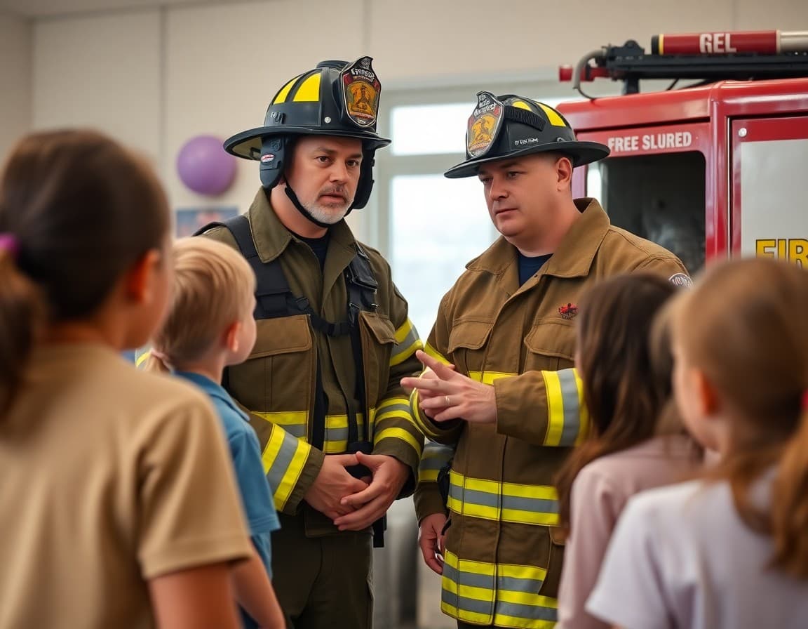 Firefighter explaining fire safety equipment to students during school community partnership visit
