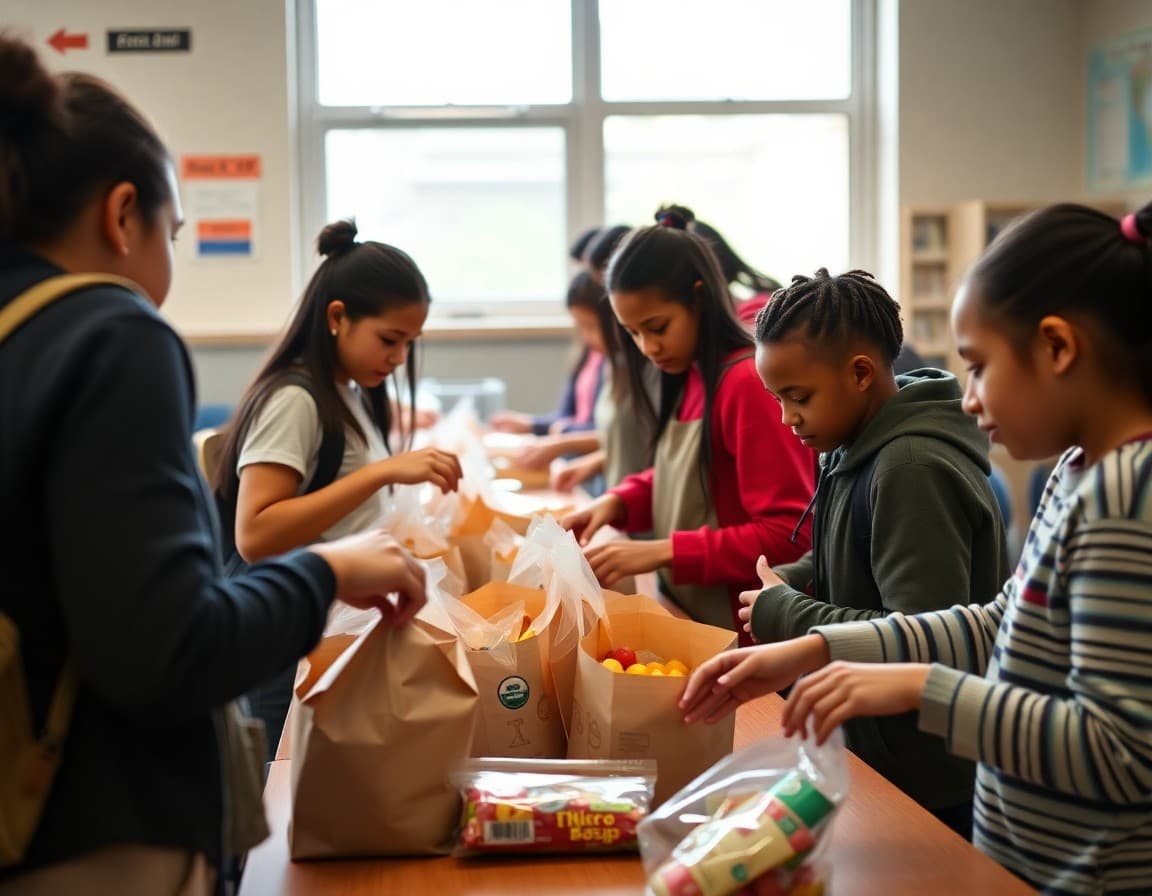 School volunteers preparing weekend backpack food bags for food insecure students in school program