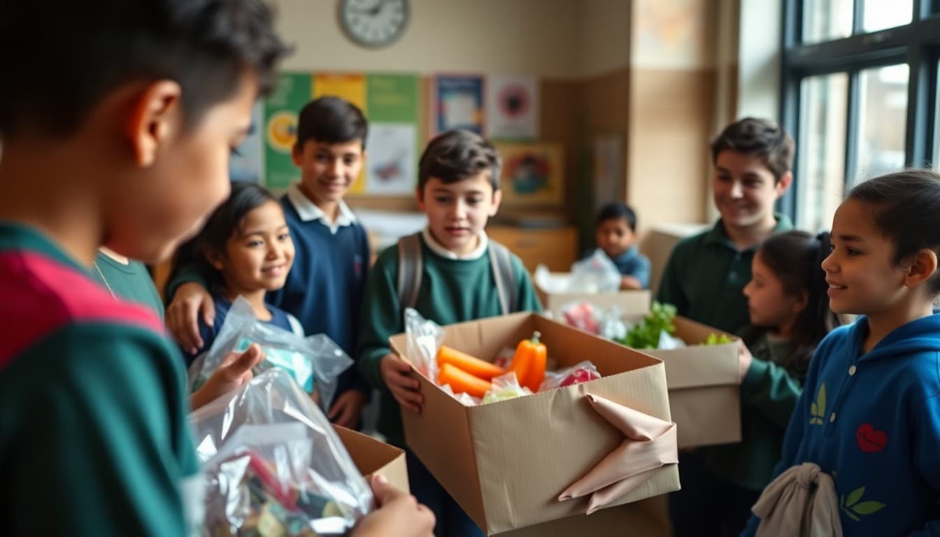School food bank distributing food boxes to families in need during school community food distribution