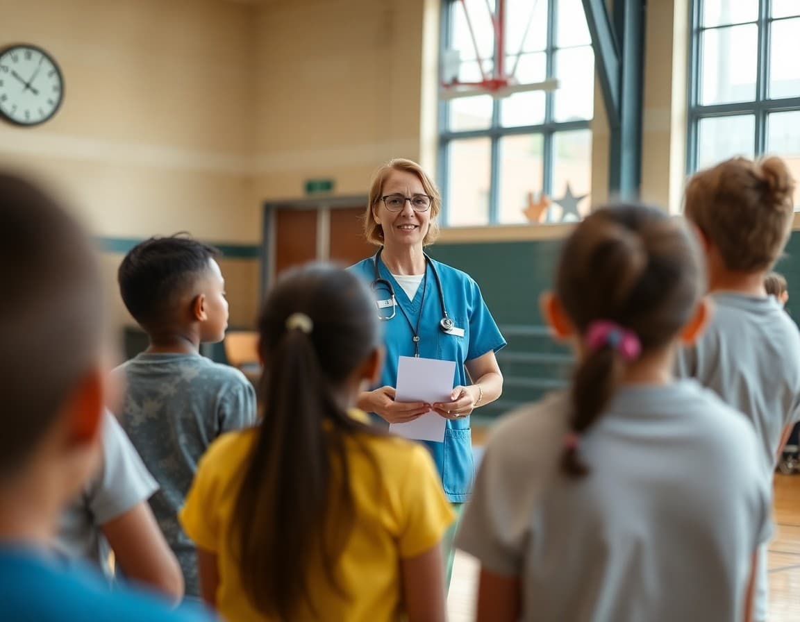 Hospital nurse educator presenting health and wellness information to students in school gymnasium