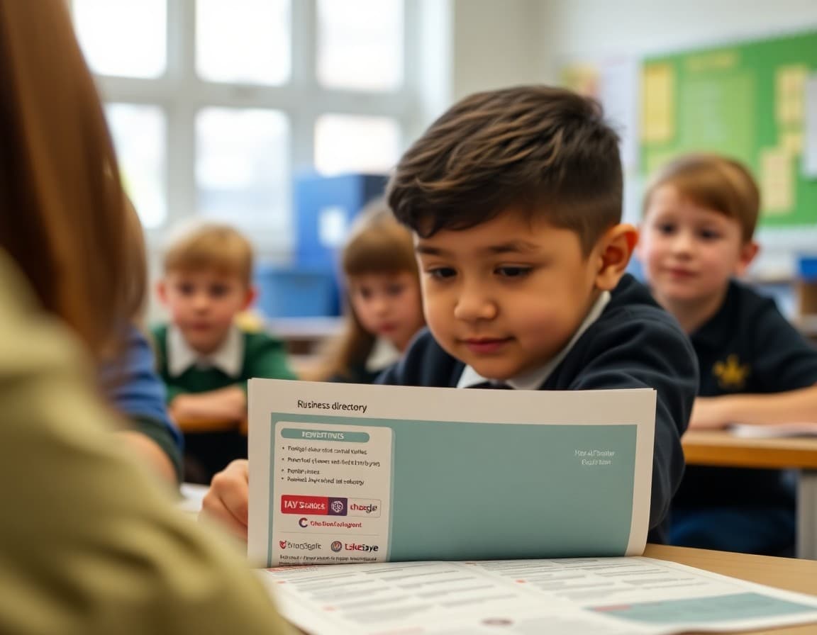 School business directory printed listing with local partner logos on newsletter page