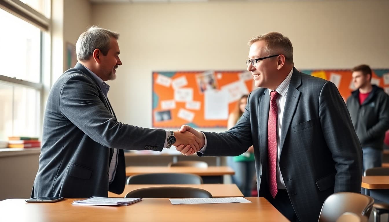 Local business owner and school principal shaking hands at community partnership event