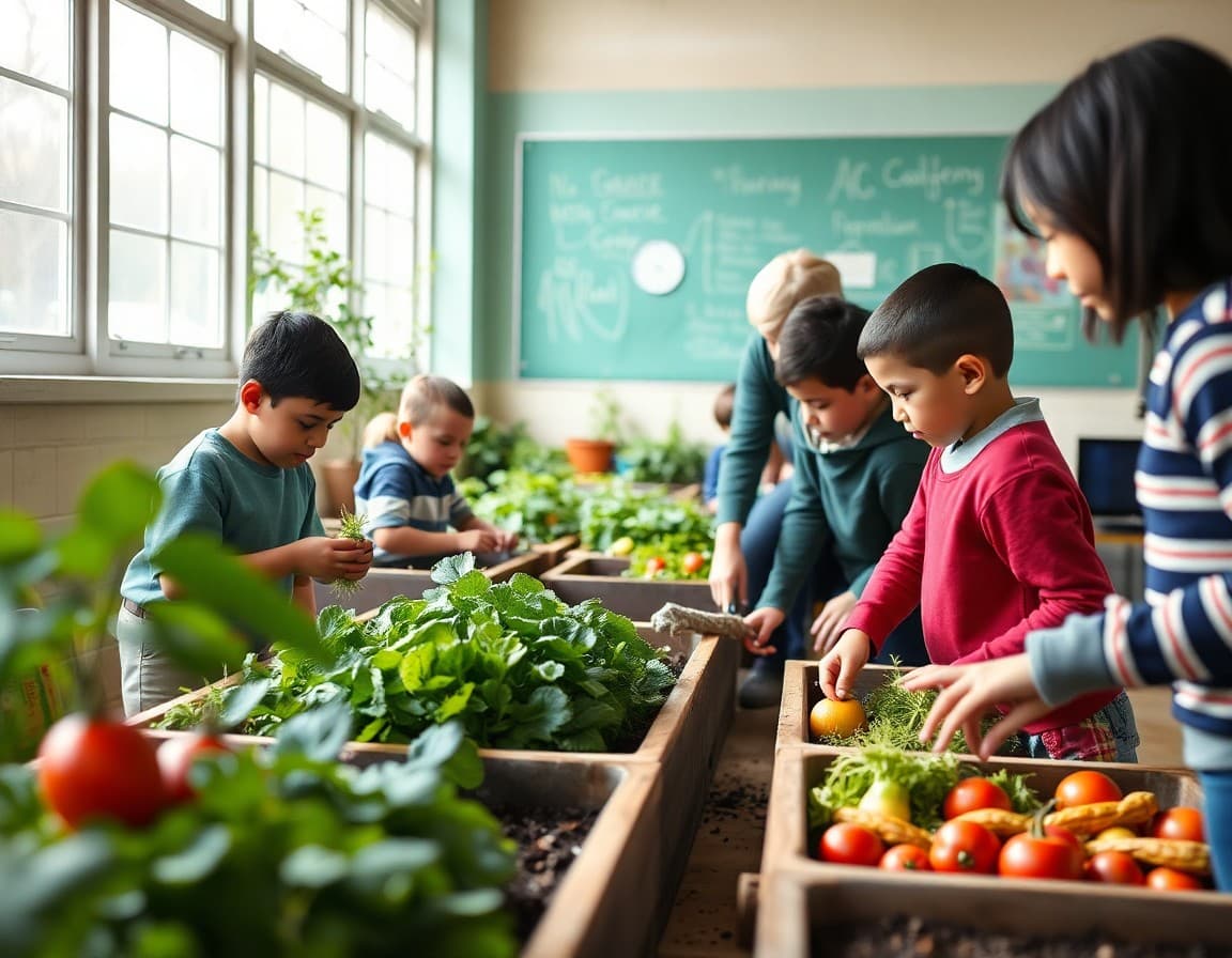 Students harvesting vegetables from school garden beds with teacher and community volunteers helping