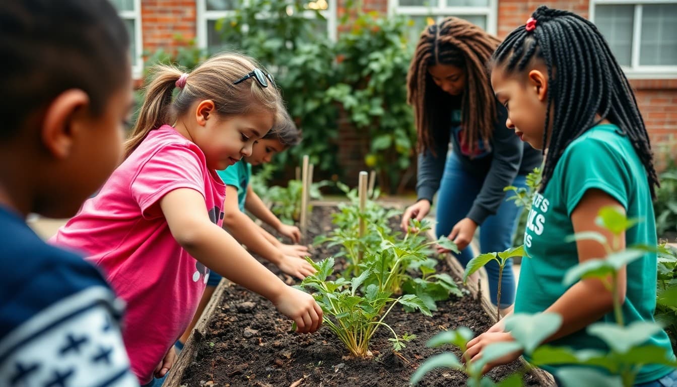 School and community members tending shared school garden together during weekend volunteer workday