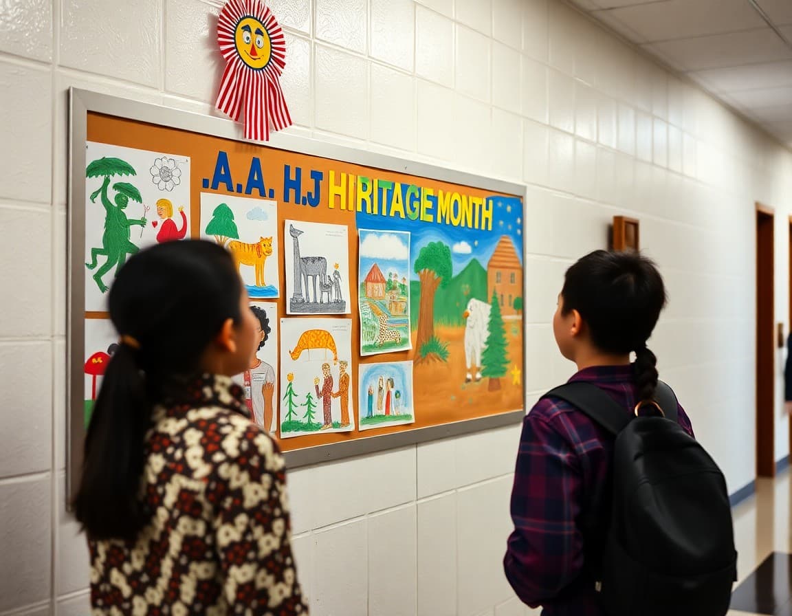 AAPI Heritage Month student artwork and cultural display in school hallway bulletin board