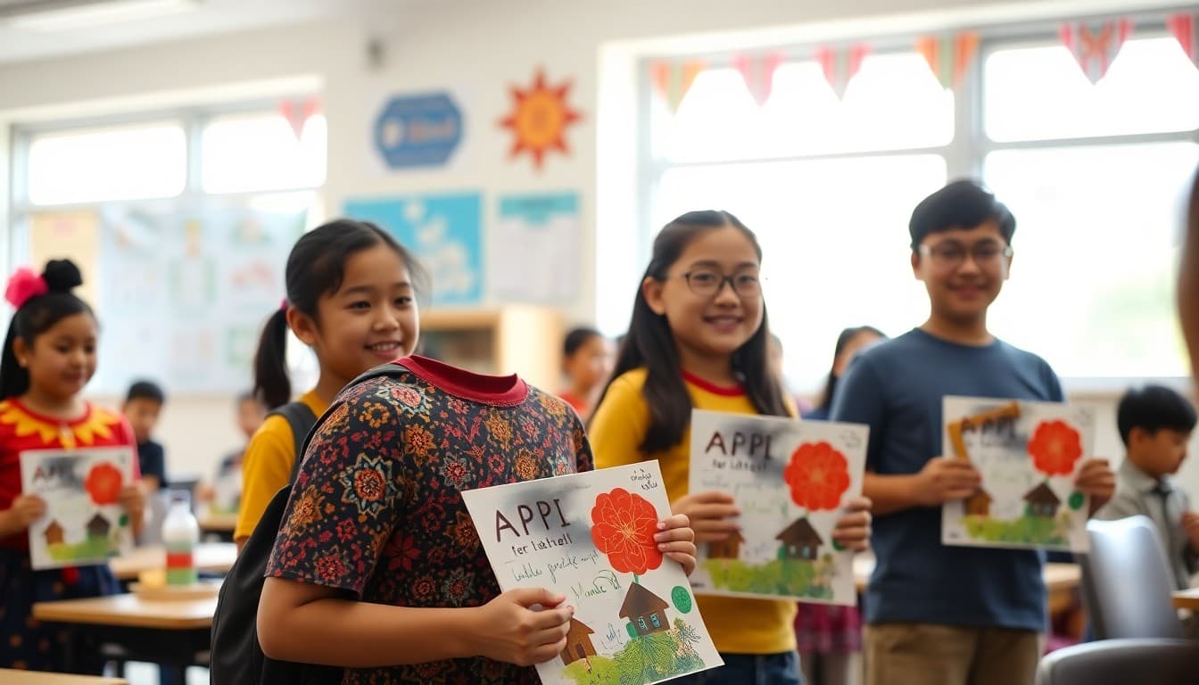 Students presenting AAPI heritage month projects at school cultural celebration event