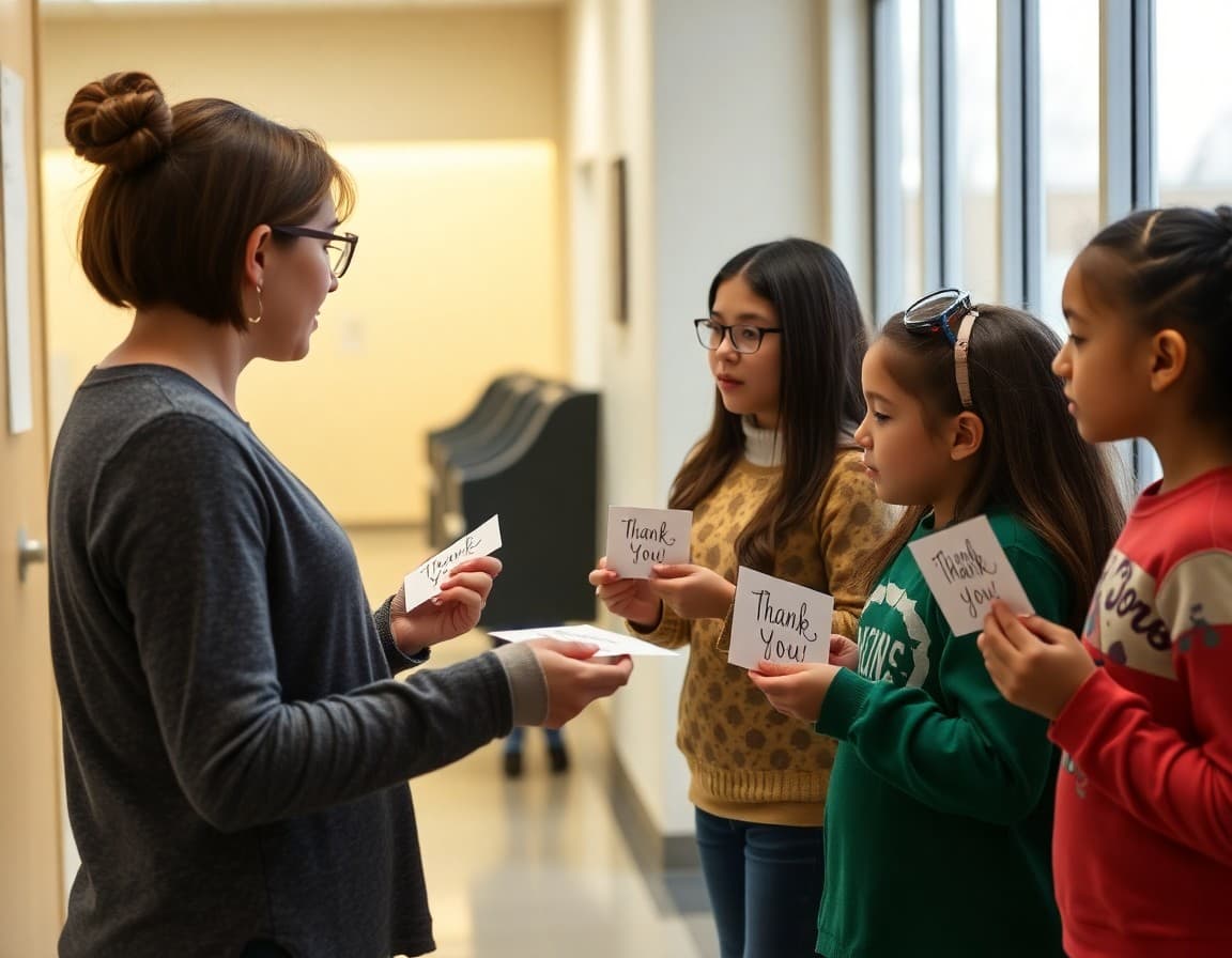 Students handing thank-you cards to school secretary at front office during appreciation week