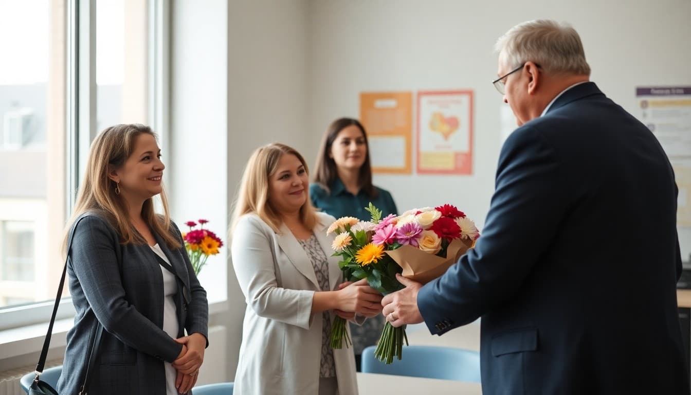 School principal presenting flowers to office administrative staff during appreciation week