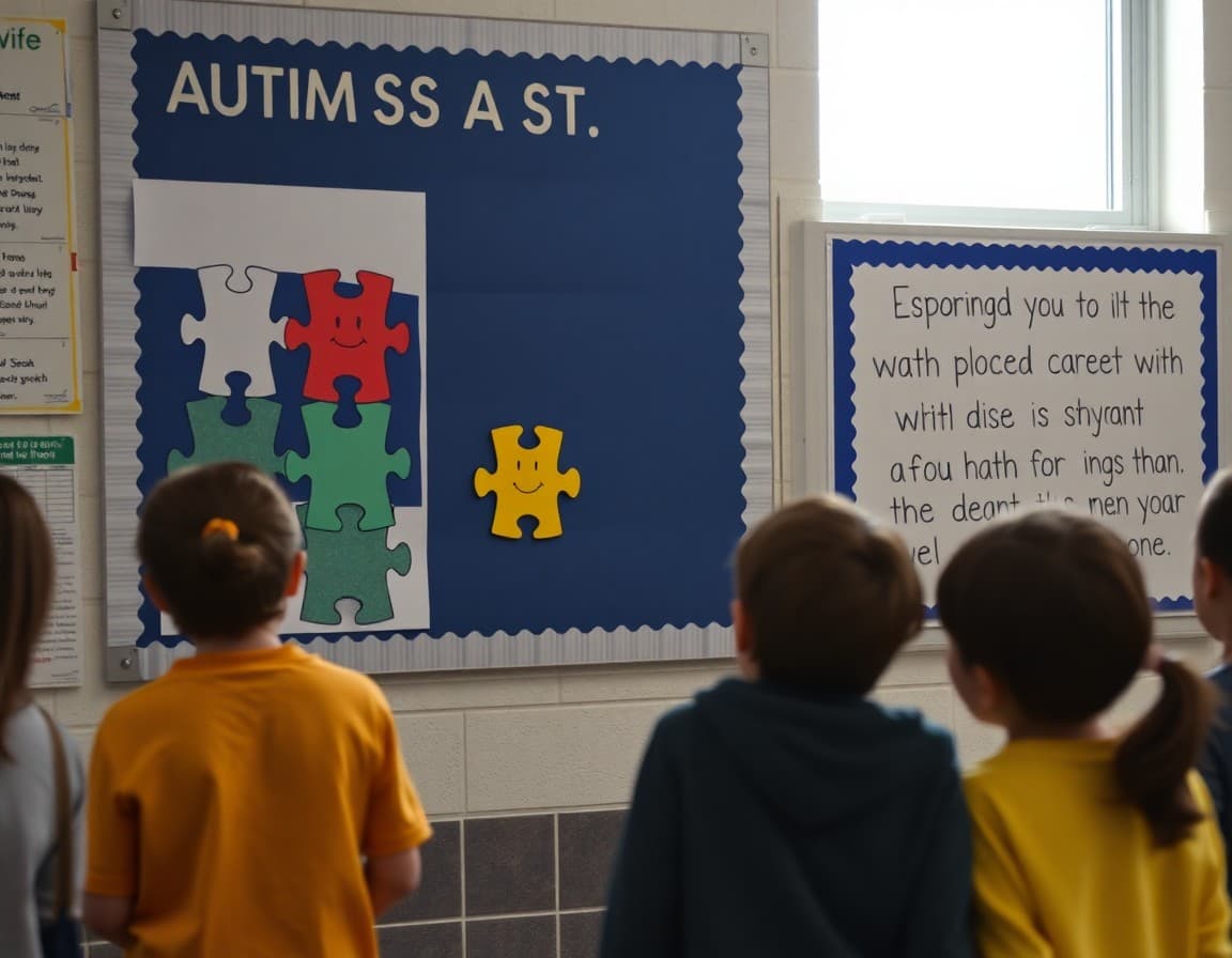 Autism acceptance month puzzle piece artwork and student inclusion quotes on school bulletin board