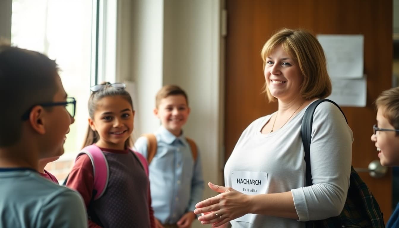 Teacher greeting smiling students at classroom door on first full week of September school