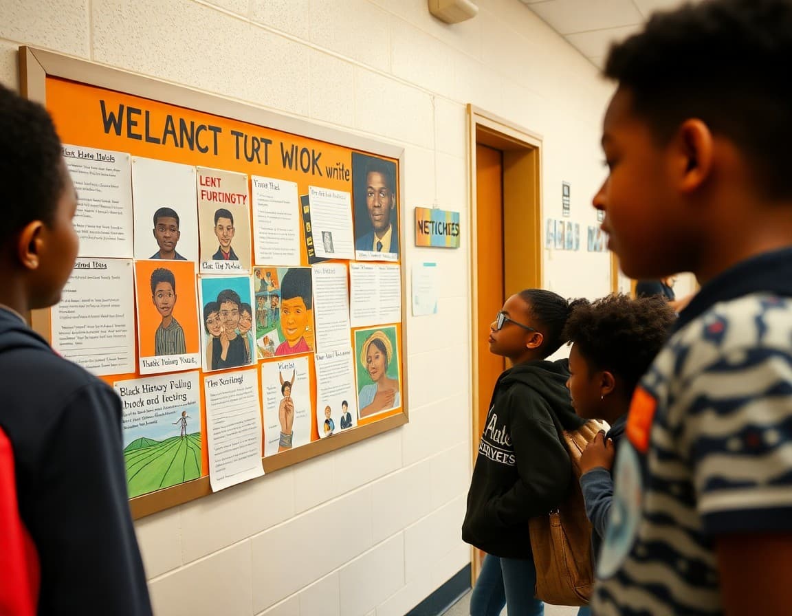 Black History Month student artwork and writing displayed on school hallway bulletin board