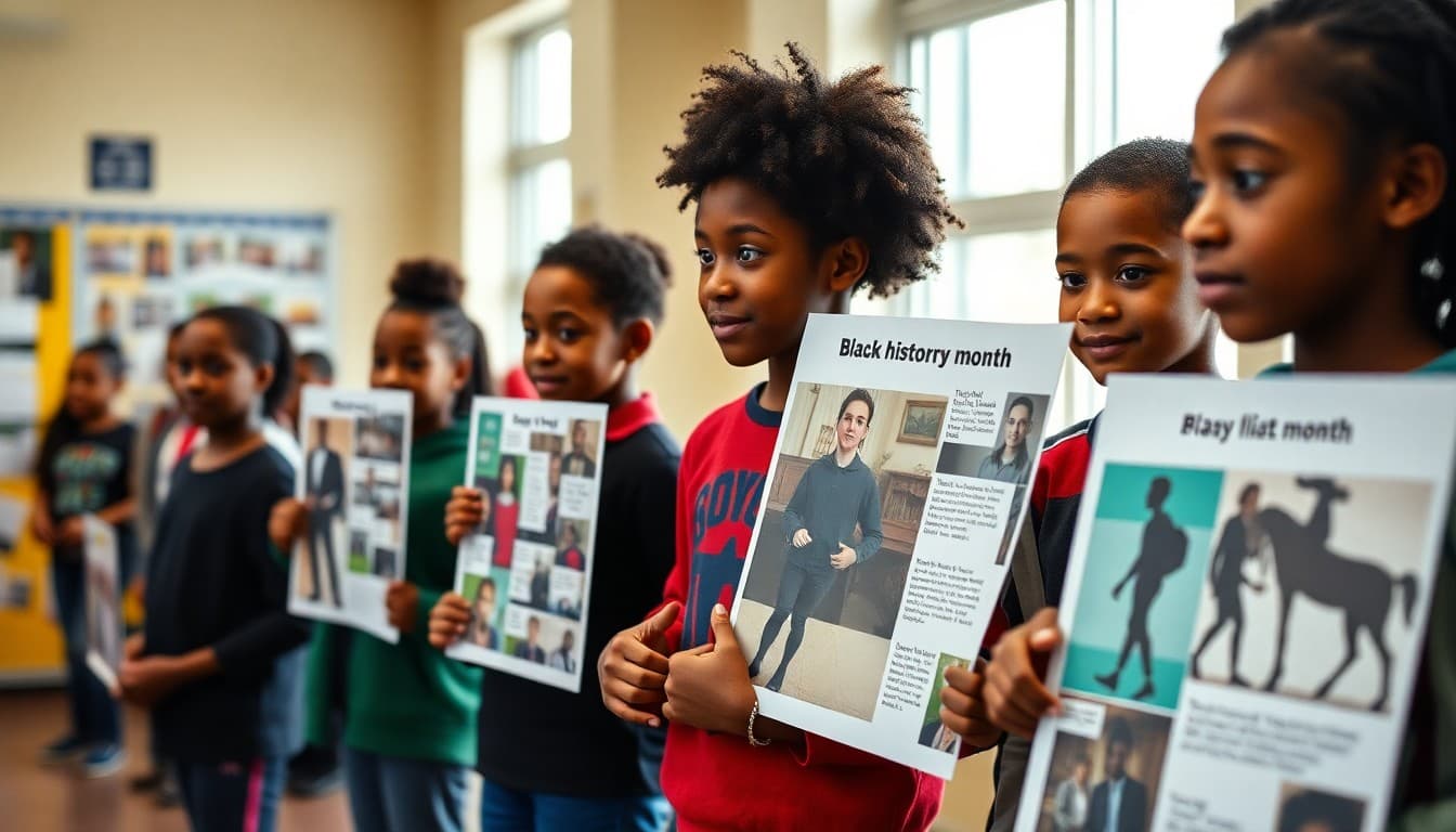 Students displaying Black history month projects at school cultural celebration event