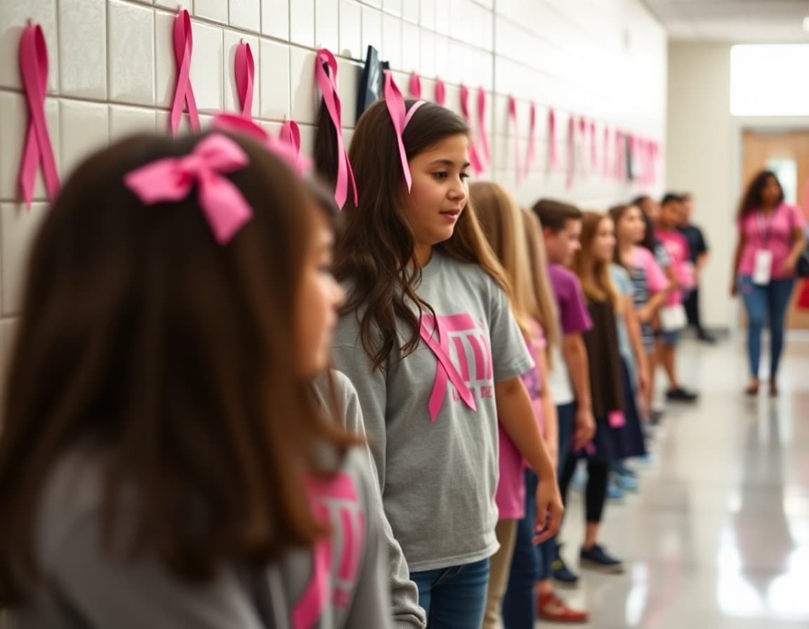 Pink Out day display with student pink ribbons and cancer awareness messages in school hallway