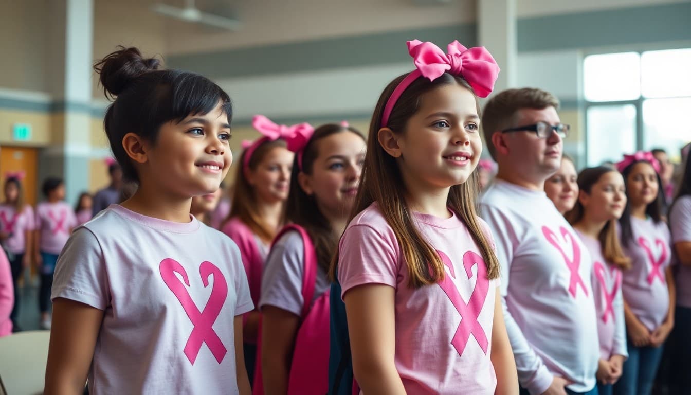 Students and staff wearing pink for breast cancer awareness day at school gymnasium rally