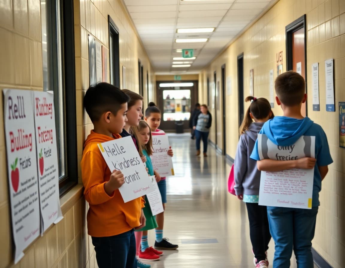 Bullying prevention month student posters and kindness pledges displayed in school hallway