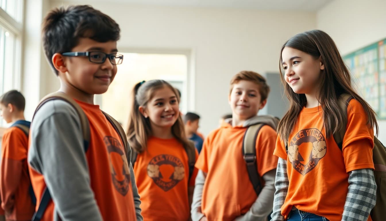 Students wearing orange for Unity Day anti-bullying awareness at school during October