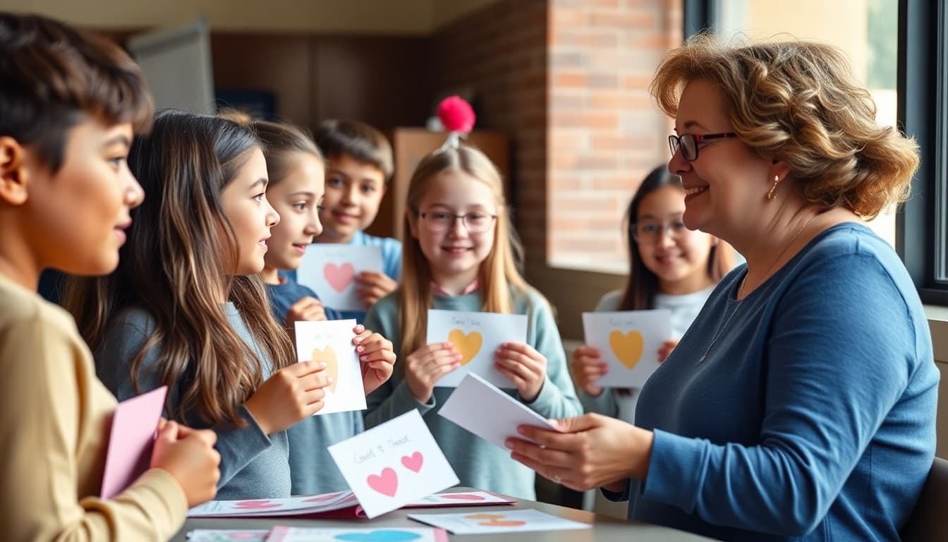 Students presenting handmade cards to school counselor during appreciation week at school