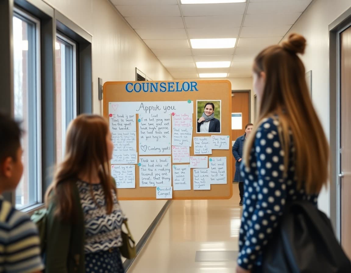 Counselor appreciation board with student thank-you notes and photo in school hallway April