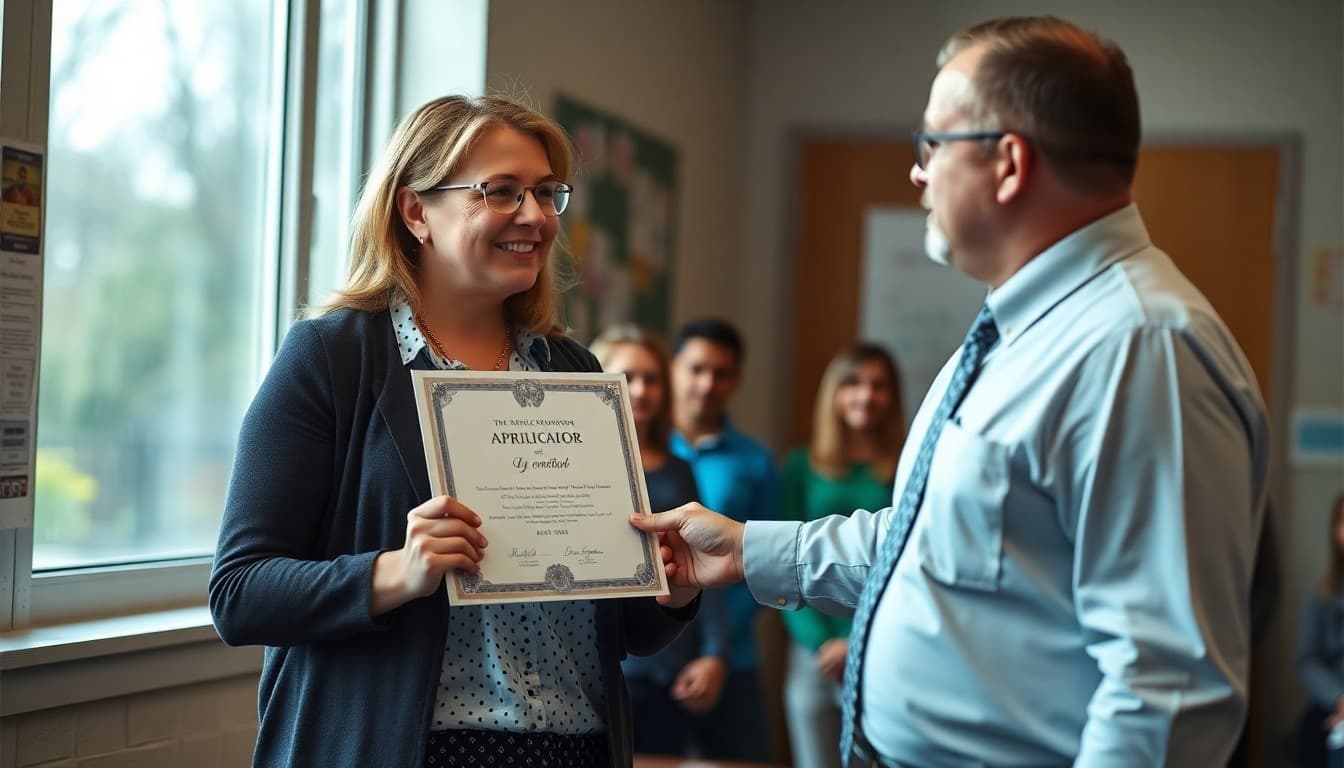 School counselor receiving appreciation certificate from principal at April recognition event