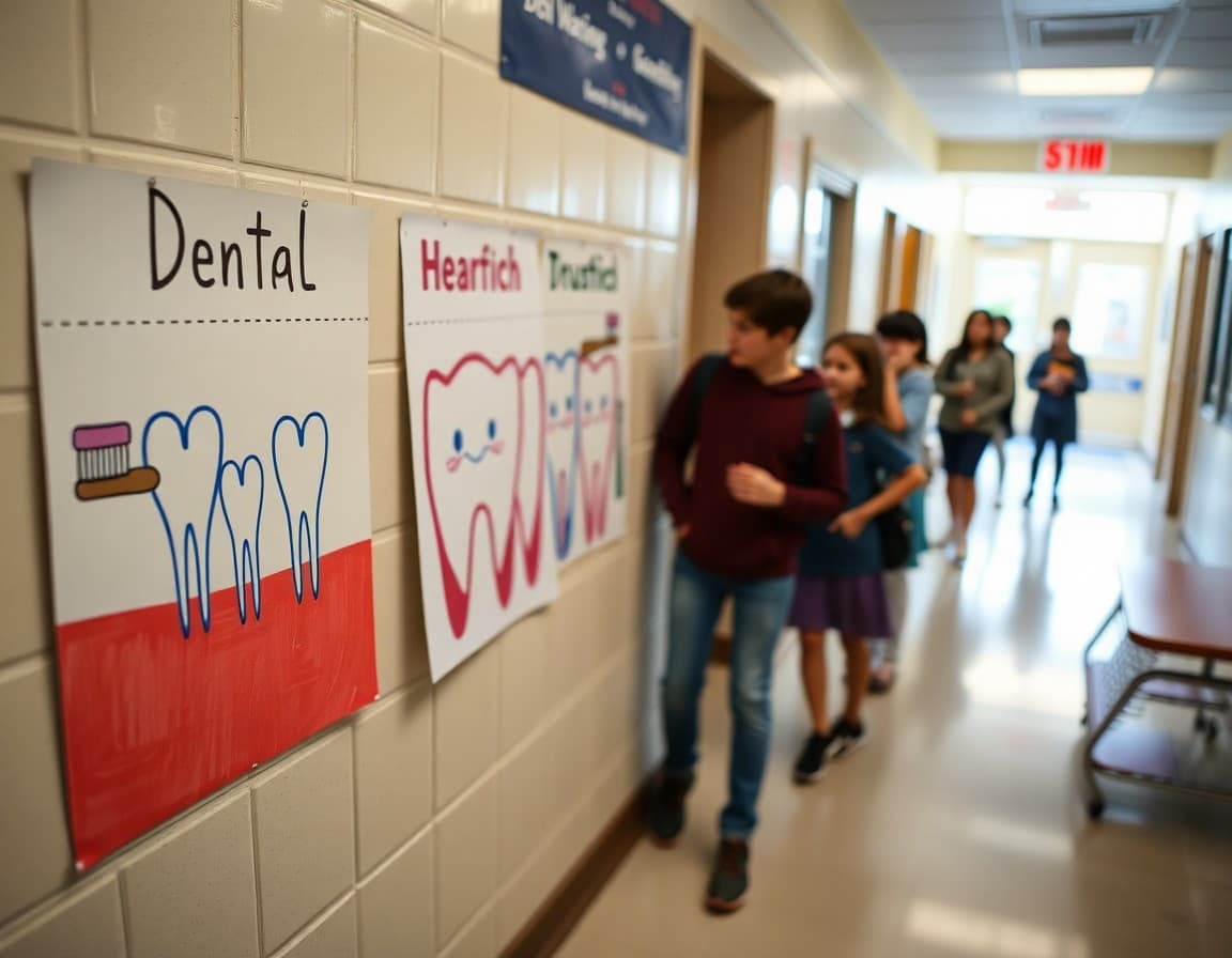 Dental health month student artwork and brushing chart displayed in school hallway
