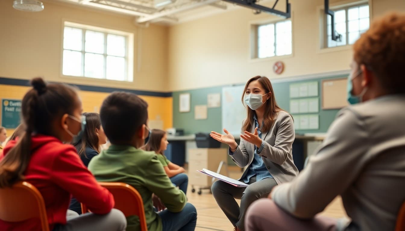 Dental hygienist doing educational presentation to students in school gymnasium