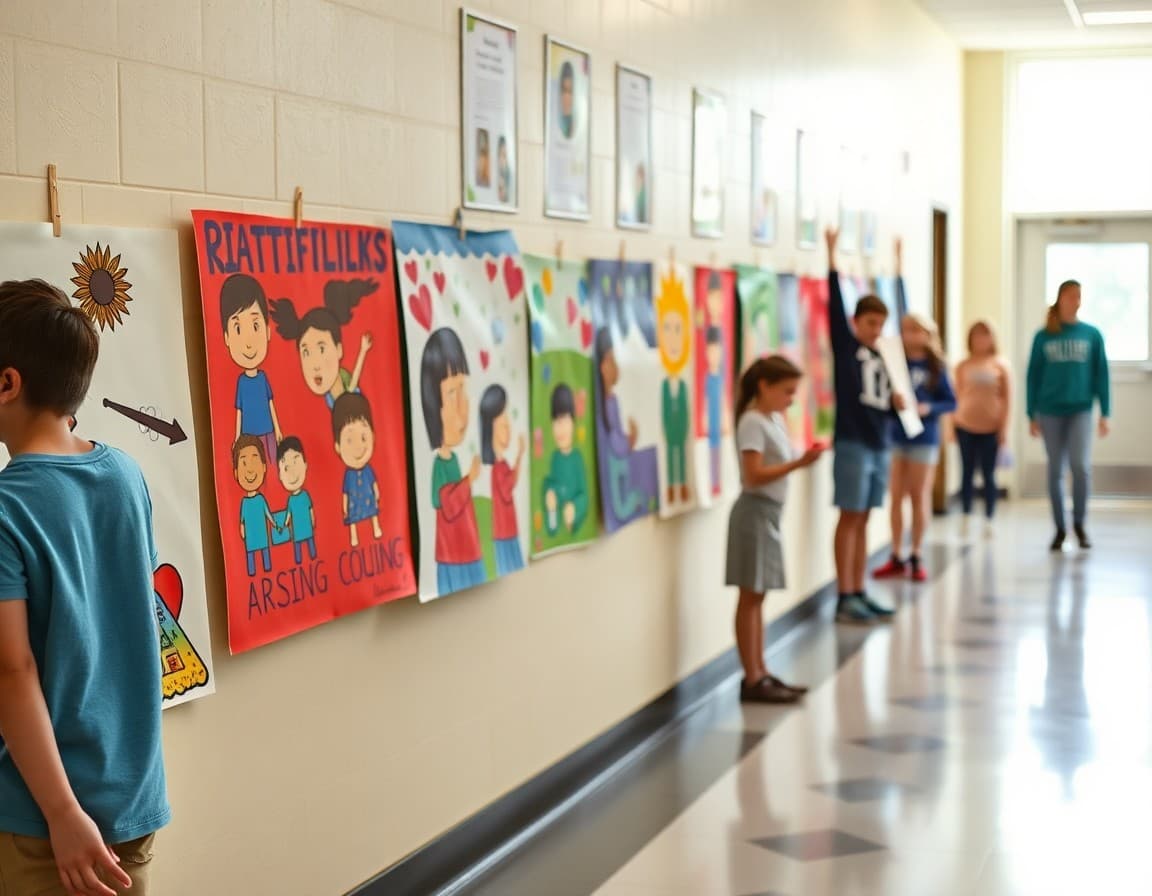 Disability awareness month student artwork showing diverse abilities displayed in school hallway