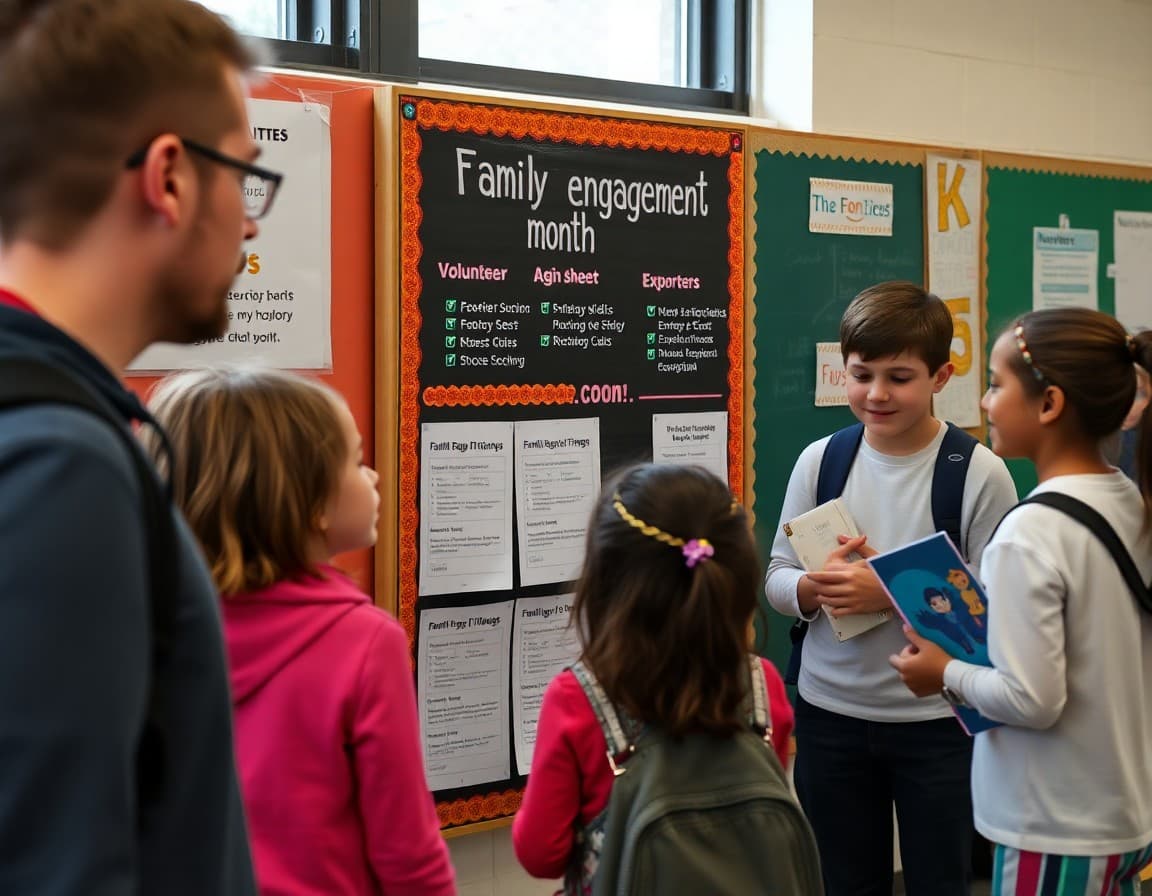 Family engagement month display with volunteer signup sheets and family activity ideas at school