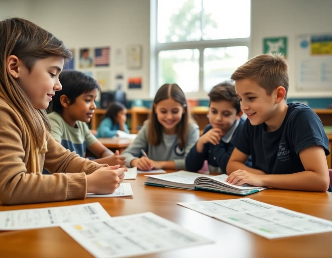 Financial literacy activities and student budgeting worksheets on classroom table