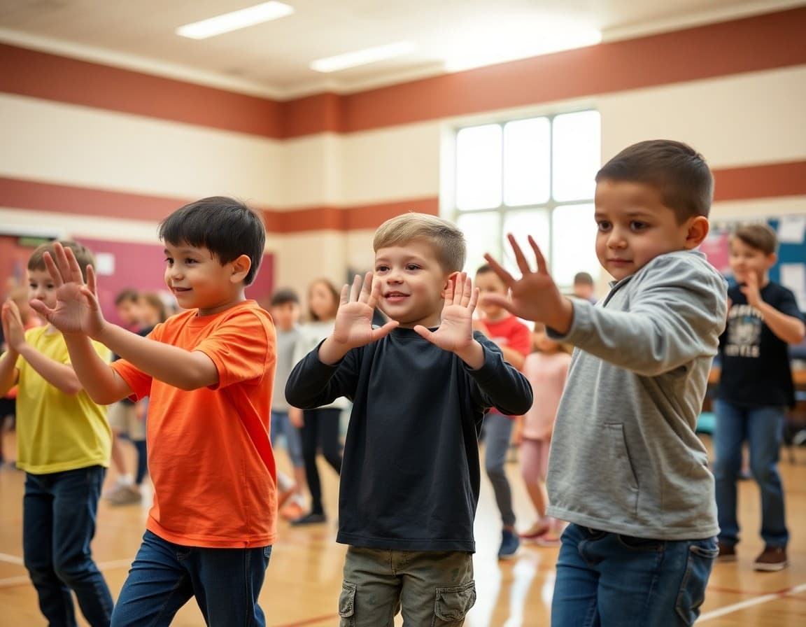 Students practicing stop drop and roll during fire prevention week activity in school gymnasium