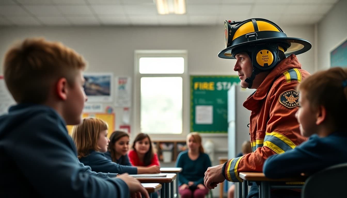 Firefighter visiting school classroom to teach fire prevention and safety to students